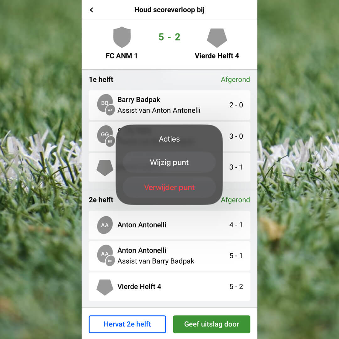 Score bijhouden in de app met de acties: Wijzig punt en Verwijder punt