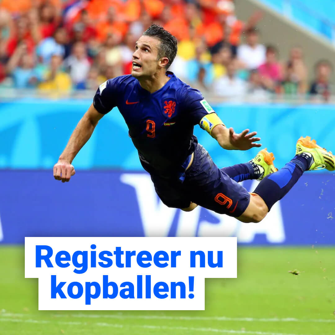 Iconische kopbal van Robin van Persie met de tekst 'Registreer nu kopballen!'