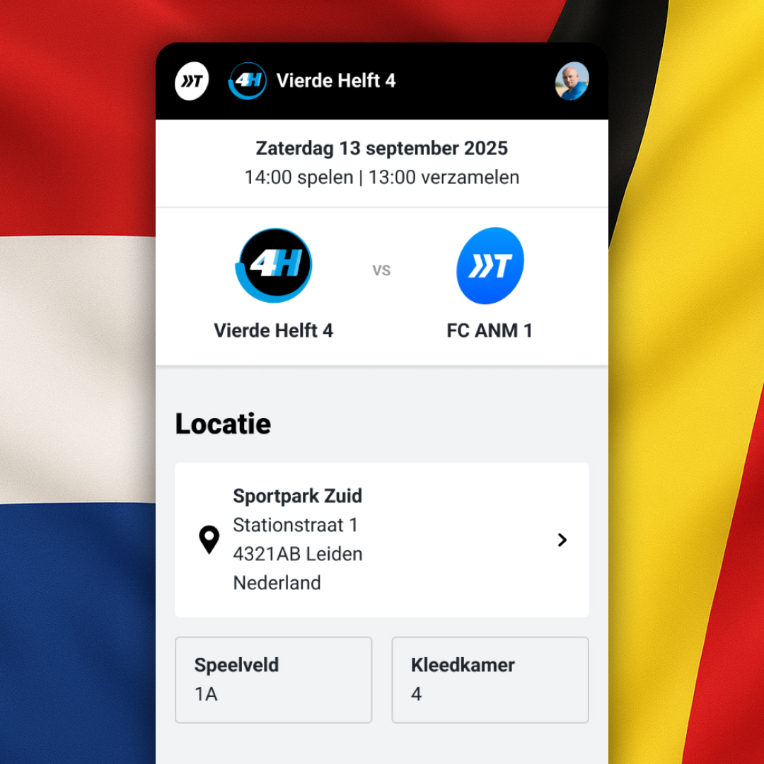 Wedstrijd in de app met waarbij de locatie een land en kleedkamer heeft ingesteld