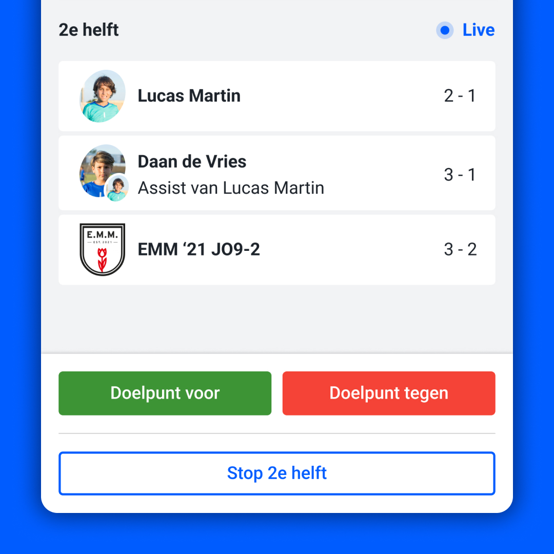 Score bijhouden in de app, inclusief 3 doelpunten waarvan 1 met een assist